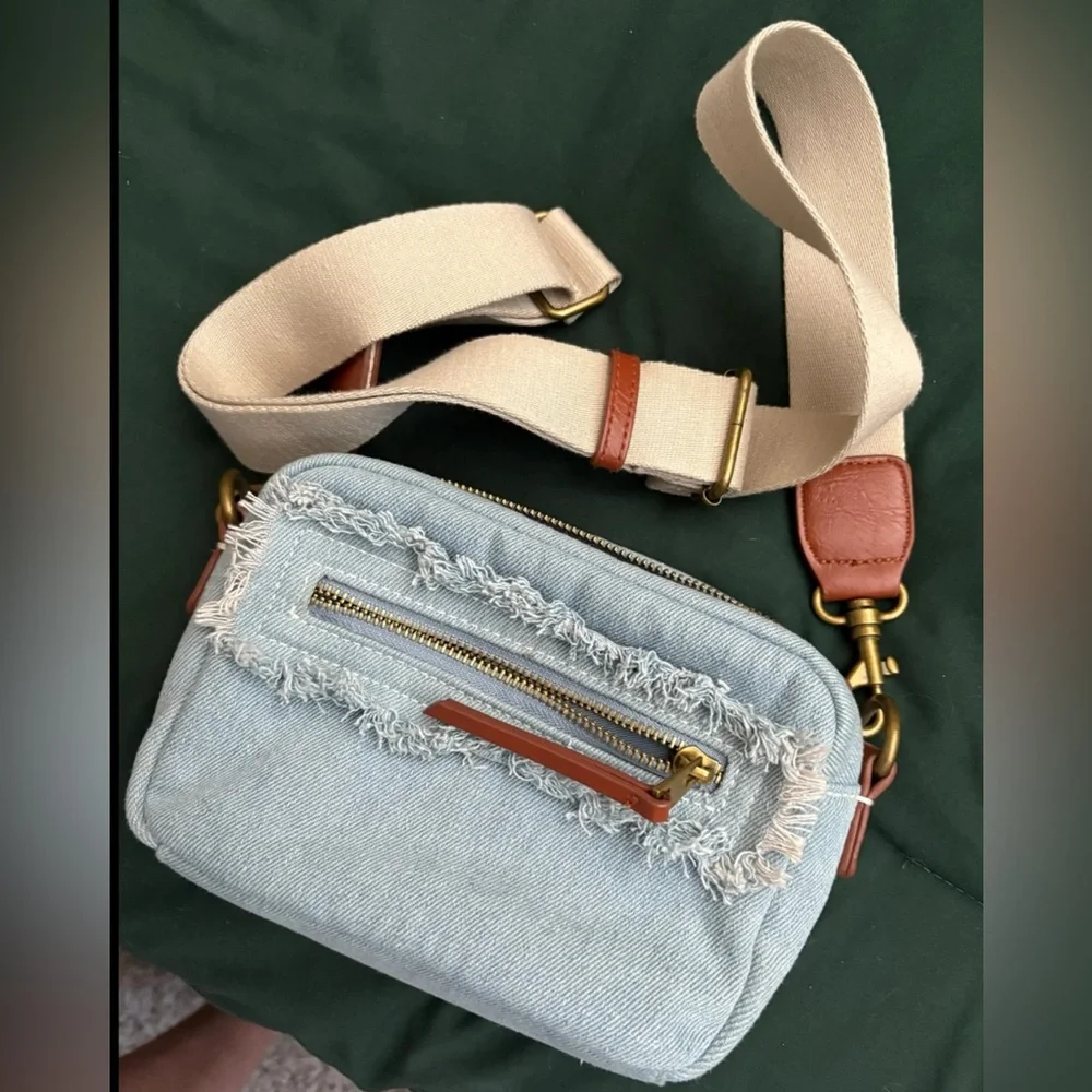 Denim Camera Crossbody Bag with Tan Strap - Picture 1 of 10